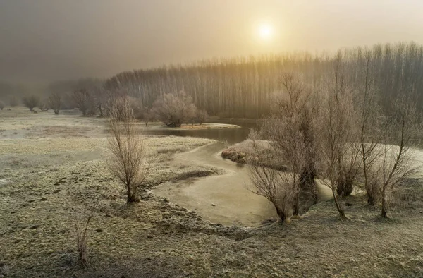 Winter landscape of river and forest shoot from drone — Stock Photo, Image