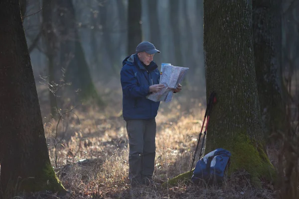 Hiker reading map in forest in winter — ストック写真