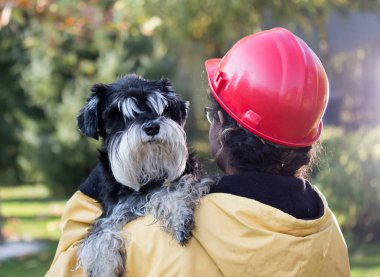 Yağmurluk giyen ve kask tutan köpeği olan genç bir kadın. Hayvan kurtarma konsepti