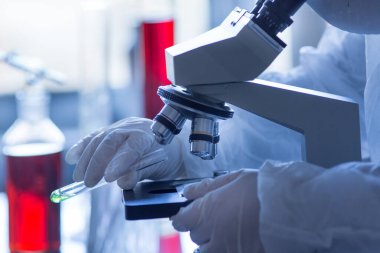 Mikroskop üzerinde çalışan biyologların ellerini kapatın.