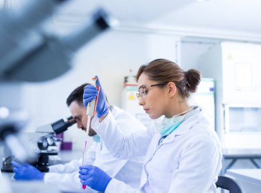 İki biyolog erkek ve kadın laboratuvarda örnekler araştırıyor.