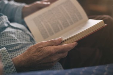 Sunbae 'nin el kitabının kapağını kapat. Yaşlı adam evde kitap okuyor.