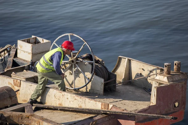 River barge with worker — Stock Photo, Image