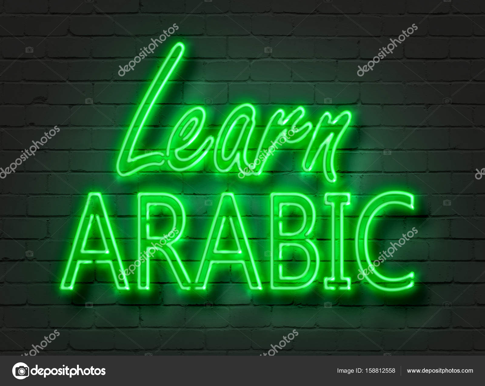 Learn Arabic, neon sign on brick wall — Stock Photo © kataklinger 158812558