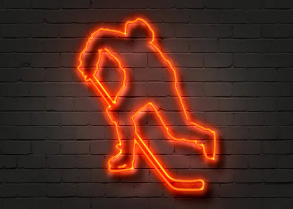 Hokejista, neon podepsat na cihlové zdi — Stock fotografie