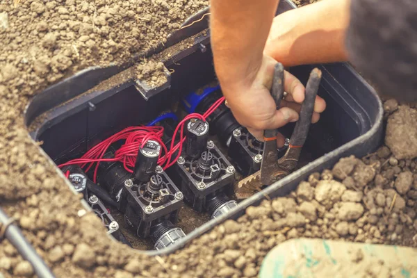 Drip irrigation valve box with valves 2 — Stock Photo, Image