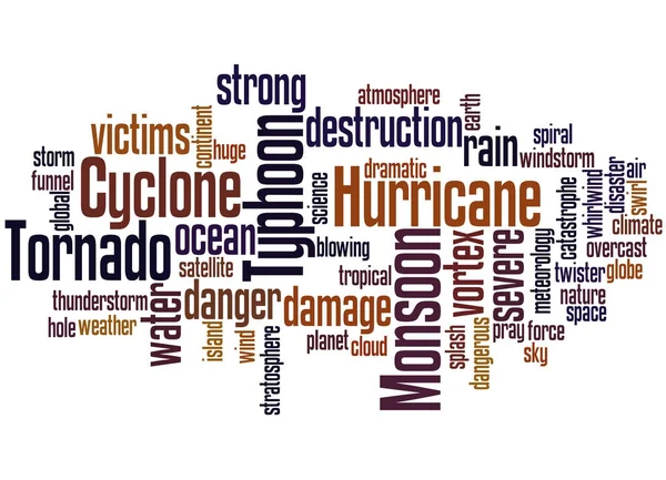 Monszun, Tornado, Typhoon, hurrikán, ciklon, szó felhő klara — Stock Fotó
