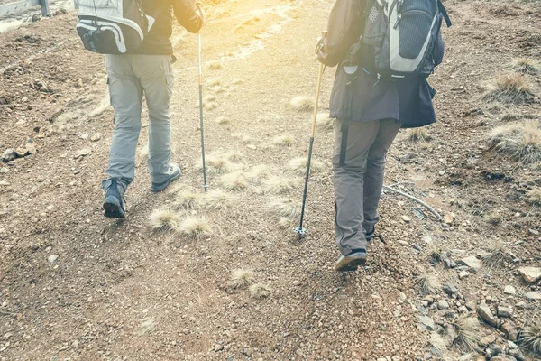 Couple avec bâtons de randonnée à pied en montagne 2 — Photo