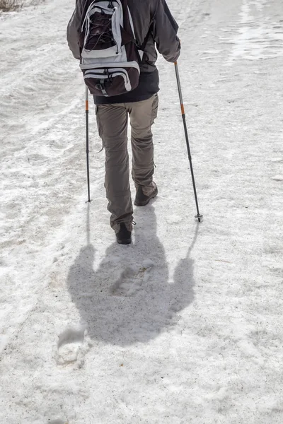 Mann mit Wanderausrüstung in schneebedeckten Bergen unterwegs — Stockfoto