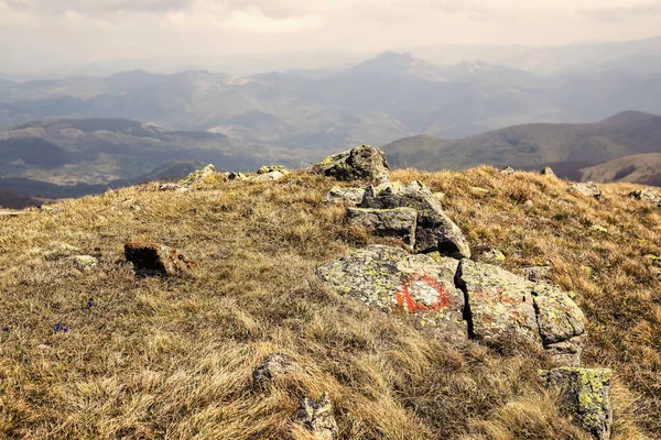 Namaloval symbol na skále označení turistická stezka 2 — Stock fotografie