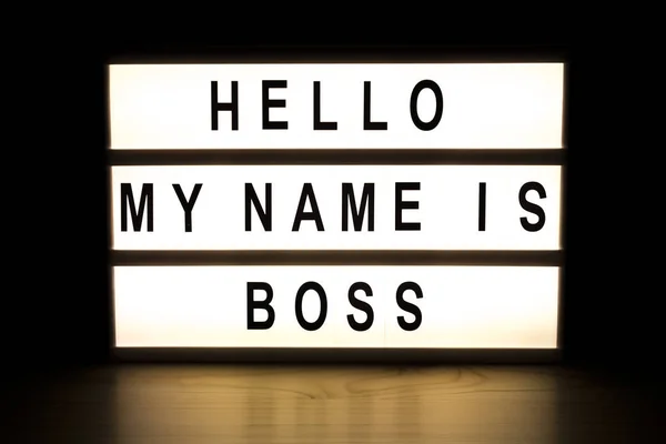 Hej är mitt namn boss ljuslåda tecken styrelse — Stockfoto