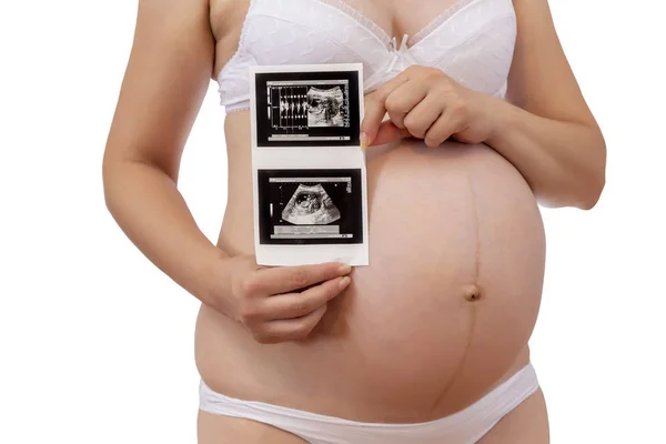 Cropped view of pregnant woman in underwear holding ultrasound p — 스톡 사진