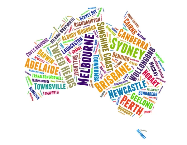 Australia map and list of cities word cloud concept on white background