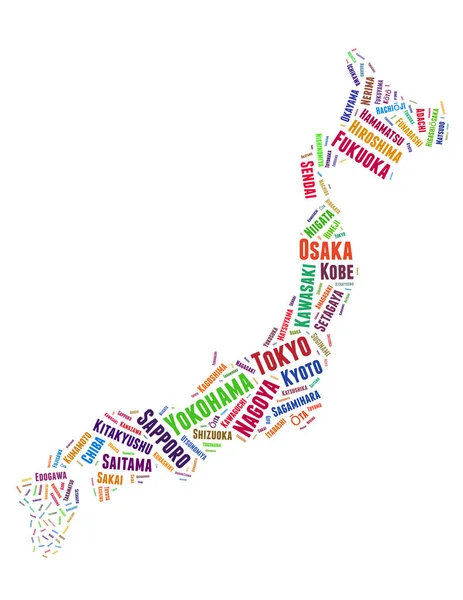 Japan Karte Und Liste Der Städte Wort Wolke Konzept Auf — Stockfoto