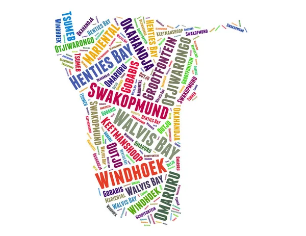 Namibia Karte Und Liste Der Städte Wortwolkenkonzept Auf Weißem Hintergrund — Stockfoto