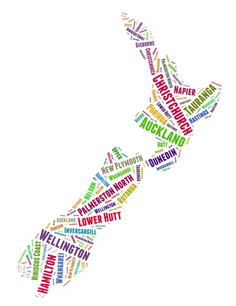 Nova Zelândia Mapa Lista Cidades Conceito Nuvem Palavras Fundo Branco — Fotografia de Stock