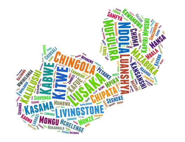 Zâmbia Mapa Lista Cidades Conceito Nuvem Palavras Fundo Branco — Fotografia de Stock