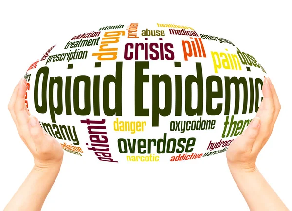 Epidemia Opioides Conceito Nuvem Esfera Mão Palavra Fundo Branco — Fotografia de Stock