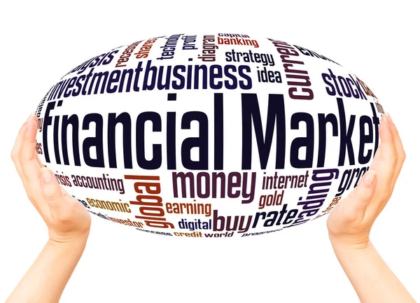 Financial Market Palavra Conceito Nuvem Esfera Mão Fundo Branco — Fotografia de Stock