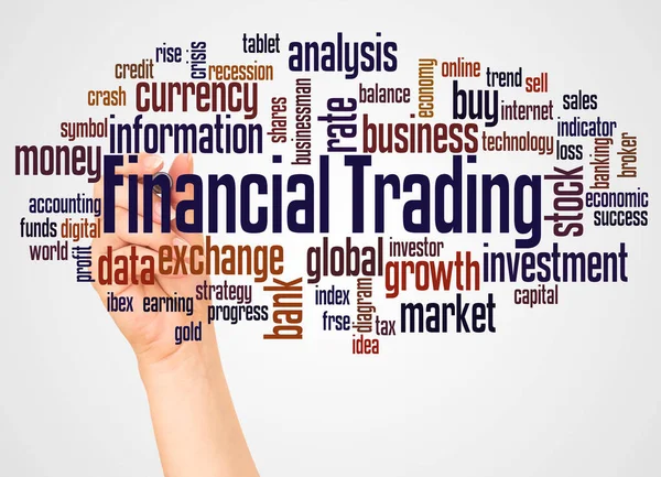 Financial Trading Nuvem Palavras Mão Com Conceito Marcador Fundo Branco — Fotografia de Stock