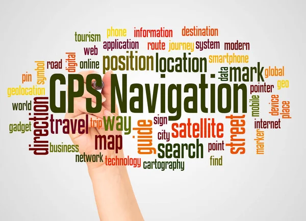 Mot Navigation Gps Nuage Main Avec Concept Marqueur Sur Fond — Photo