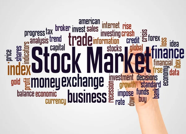 Mercado Ações Nuvem Palavras Mão Com Conceito Marcador Fundo Branco — Fotografia de Stock