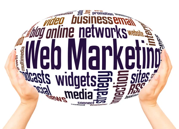 Web Marketing Λέξη Χέρι Σφαίρα Σύννεφο Έννοια Λευκό Φόντο — Φωτογραφία Αρχείου