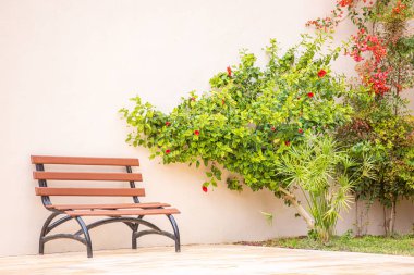Evin yanındaki metal ve ahşaptan yapılmış güzel bir bank bej rengi açık pembe bir arka planda, yeşil çiçekli çalılarla kaplı bir duvar...