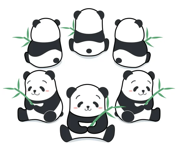 귀엽고 재미있는 만화식 팬더 곰 대나무 벡터 일러스트레이션을 가지고 원 안에 앉아 있다 . print — 스톡 벡터