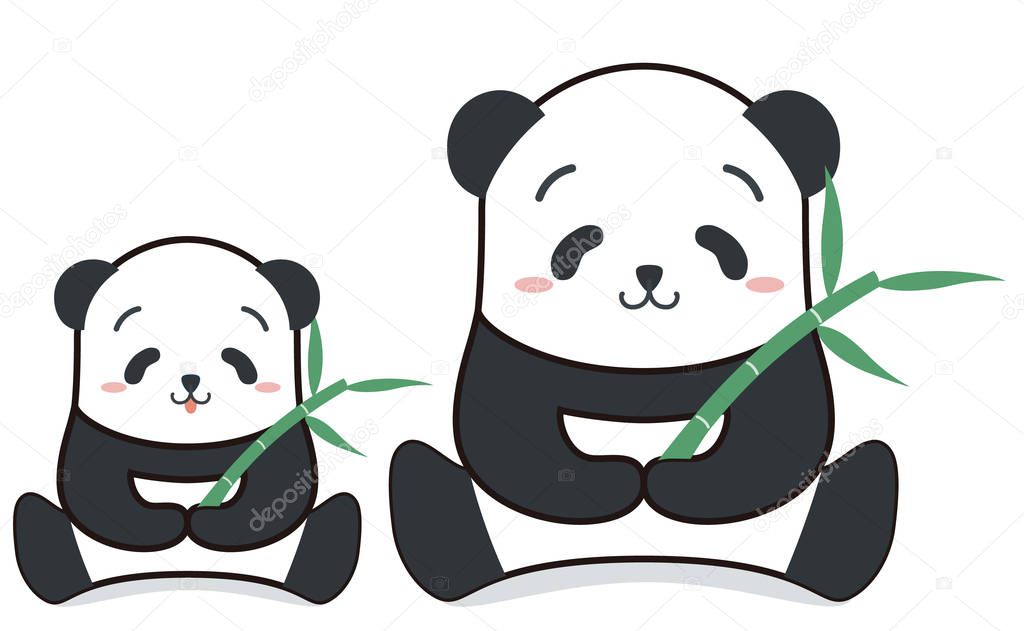 Cute funny cartoon style panda of parent and child family with bamboo vector illustration.