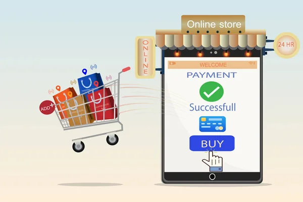 Compras Línea Concepto Tienda Móvil Idea — Vector de stock