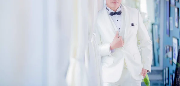 Portrait Handsome Groom White Suit Tudxedo Bowtie Studio Concept Wedding — Stock Photo, Image