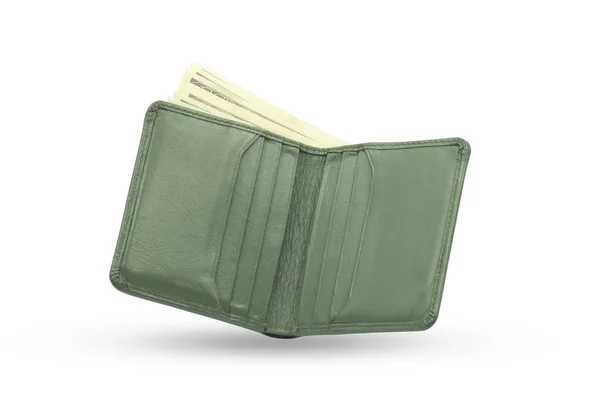 Primo Piano Portafoglio Corto Verde Vera Pelle Con Banconote All — Foto Stock
