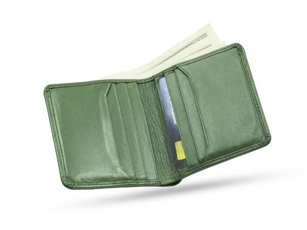 Felülnézet Pénztárca Közeli Zöld Színű Eredeti Bőr Textúra Bankjegyekkel Hitelkártyával — Stock Fotó