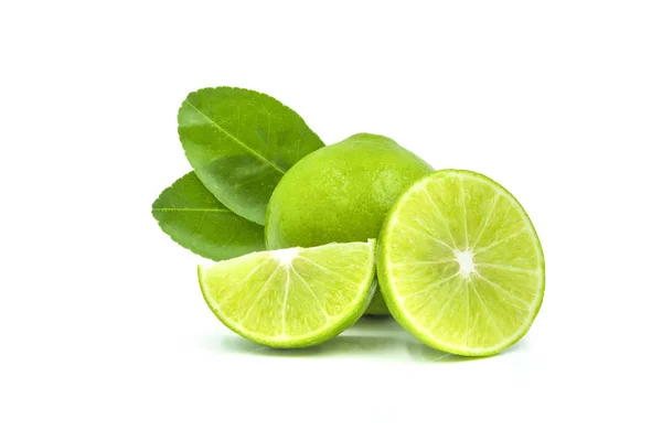Close Fresh Whole Limes Slices Leaves Isolated White Background Clipping — ストック写真