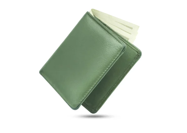 Крупный План Бумажника Зеленого Цвета Подлинной Кожаной Текстуры Банкнотами Кредитной — стоковое фото