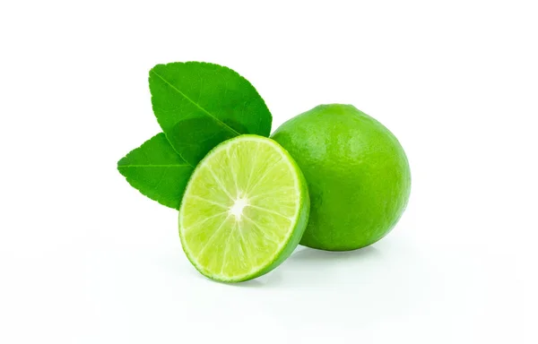 Close Fresh Whole Limes Slices Leaves Isolated White Background Clipping — Stock Photo, Image