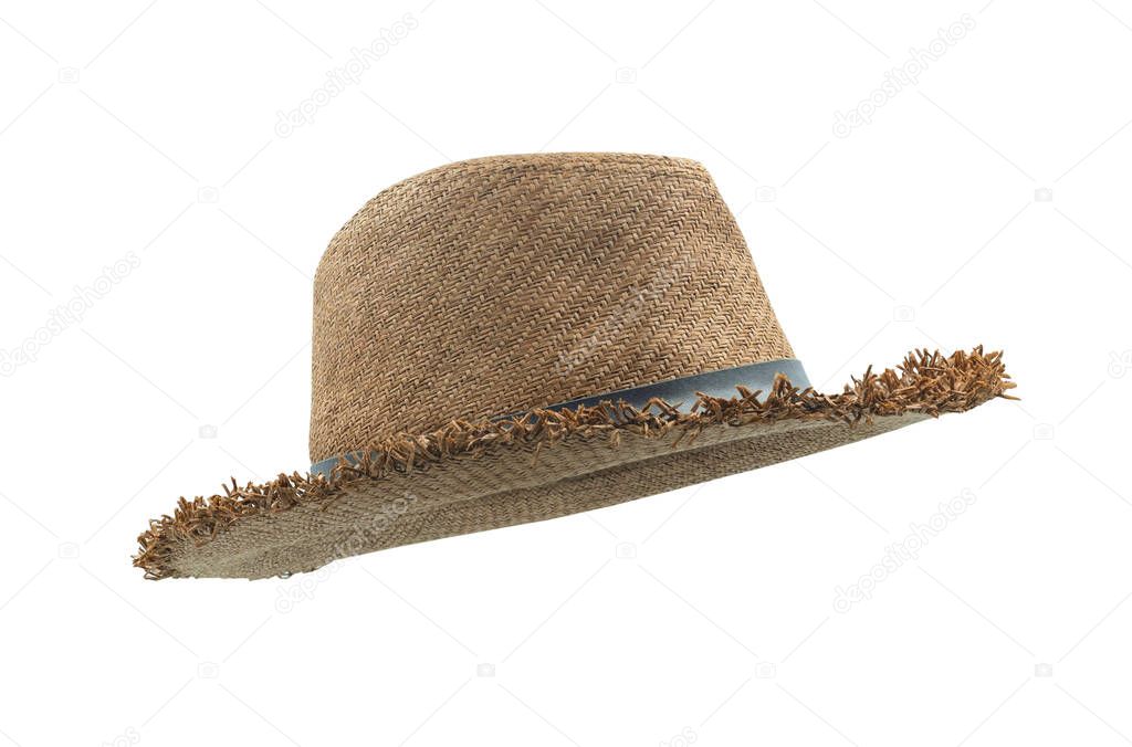 Straw beach sun hat fashion summer for men isolated on white background with clipping path. Vintage-style classic brown color. Beautiful and helps protect the sun.