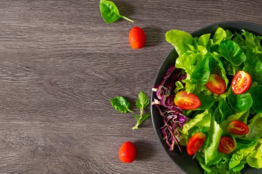 Taze yeşil sebze yaprakları karışımı. Sağlıklı yemek salatası, ıspanak, marul, siyah kasede kırmızı lahana, salata susamı sosu. Ev yapımı, lezzetli sebzeler ve fotokopi alanı olan yemekler.