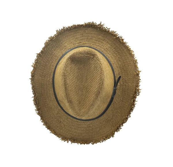 Top view of Brown straw beach sun hat fashion summer for men isolated on white background with clipping path. Vintage-style classic brown color. Beautiful and helps protect the sun.