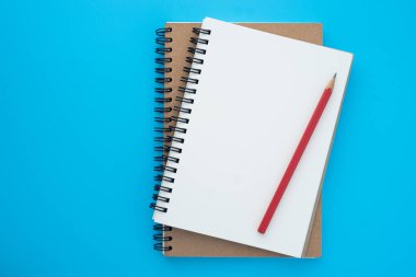 Açık spiral defter ve kırmızı kalemin üstündeki üst görünüm açık mavi arka planda izole edilmiş bir model. Eğitim ve iş konsepti. düz yat