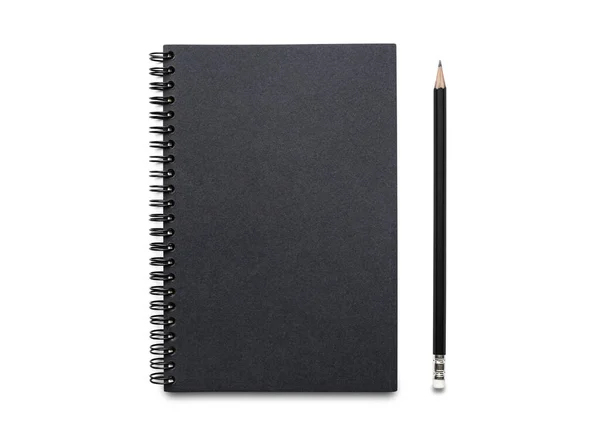 Visão Superior Acima Notebook Espiral Preto Lápis Isolado Fundo Branco — Fotografia de Stock