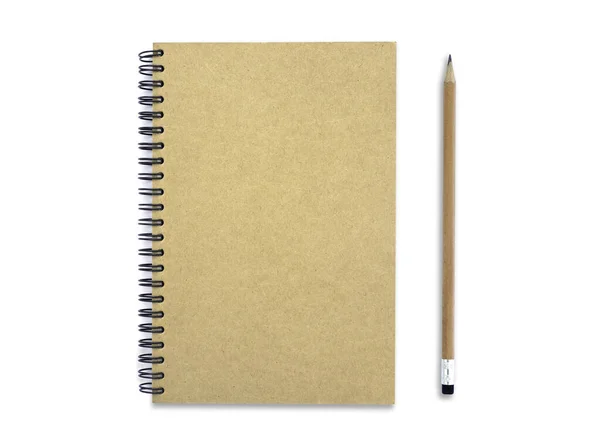 Pohled Shora Hnědý Spirálový Zápisník Tužku Izolovanou Bílém Pozadí Pro — Stock fotografie