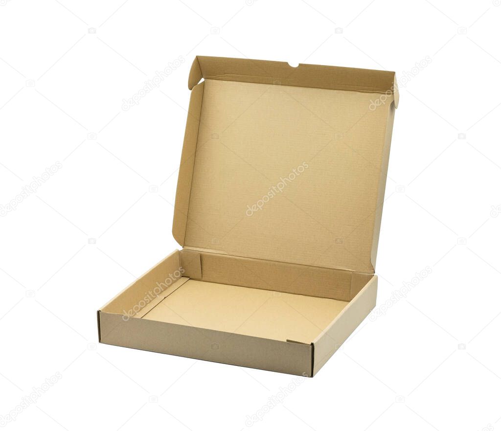 Close-up of open blank brown cardboard box on white background with clipping path. Mockup design, carton box product for packaging shipping and storage in warehouse. Paper corrugated can use recycle.