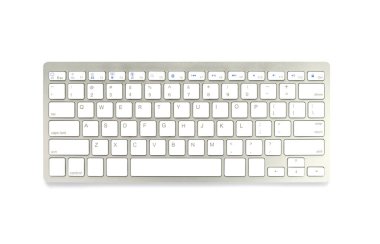Modern bilgisayar klavyesi kırpma yolu ile beyaz arkaplanda izole edildi. Alüminyum ve plastikten yapılmış. İş ve internet iletişimi için kullanılan elektronik bir cihaz..