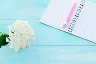 Açık defter ile pembe kalem, coffeecup ve ortanca