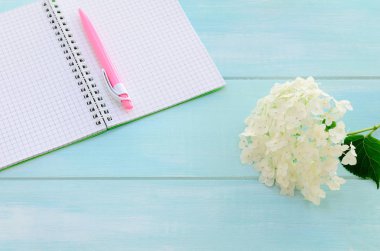 Açık defter ile pembe kalem, coffeecup ve ortanca