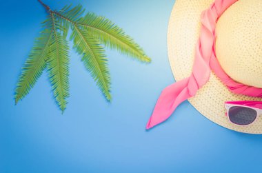 Plaj şapka, palmiye yaprağı ve mavi arka plan üzerinde gözlük.