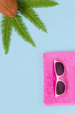 Pembe havlu, gözlük, palmiye yaprağı, mavi arka plan üzerine Hindistan cevizi.