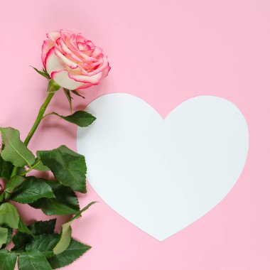 Pembe çiçek gül çiçek fincan kahve ve kağıt kalp pembe arka plan üzerinde metin için